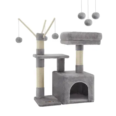 Feandrea by SONGMICS Home Cat Tree, Small Cat Tower with Padded Perch, Cat Cave, 3 Pompoms, Cat Activity Center, Light Gray U...
