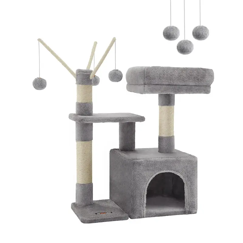 Feandrea by SONGMICS Home Cat Tree, Small Cat Tower with Padded Perch, Cat Cave, 3 Pompoms, Cat Activity Center, Light Gray U...