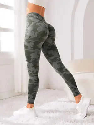 Women's Camo Print High Waist Sports Leggings, Comfy Camouflage Print High Rise Leggings For Workout Yoga Gym Exercise, Women...