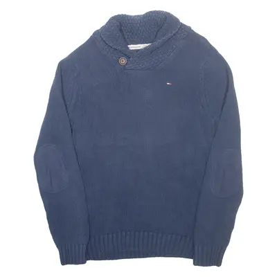 TOMMY HILFIGER Mens Jumper Blue Button Neck Tight Knit M