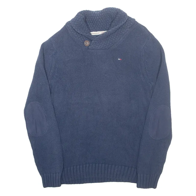TOMMY HILFIGER Mens Jumper Blue Button Neck Tight Knit M