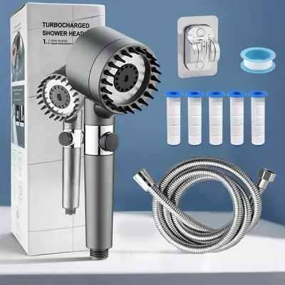 Turbocharged Handheld Shower Head with Massage Function & Water Boost 3-Setting Includes 5 Filter Cartridges & Flexible Hose