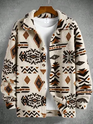 Men's Geometric Print Button Front Fleece Jacket, Regular Fit Casual Long Sleeve Collared Outerwear for Fall & Winter, Men's ...