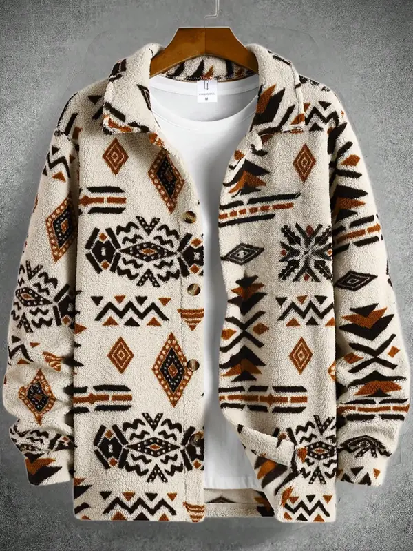 Men's Geometric Print Button Front Fleece Jacket, Regular Fit Casual Long Sleeve Collared Outerwear for Fall & Winter, Men's ...