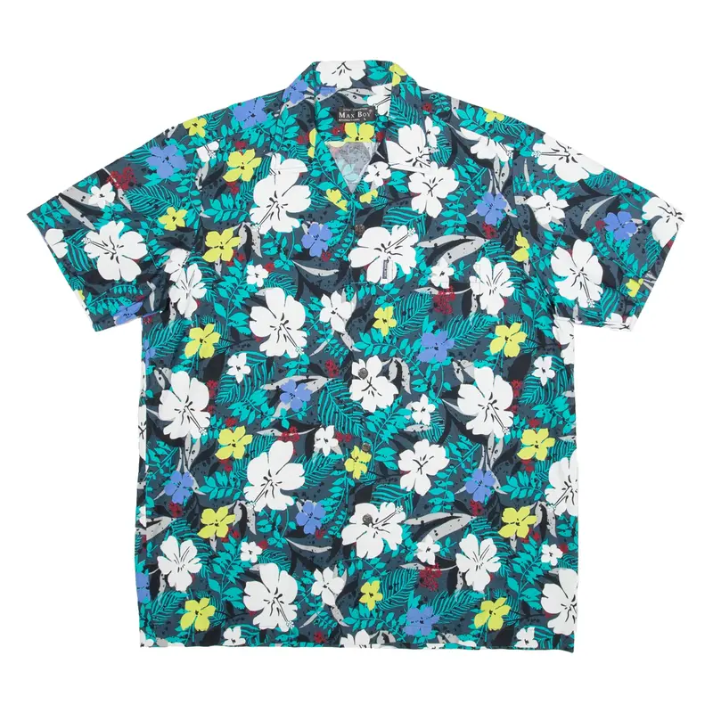 MAX BOY Mens Hawaiian Shirt Blue Floral L