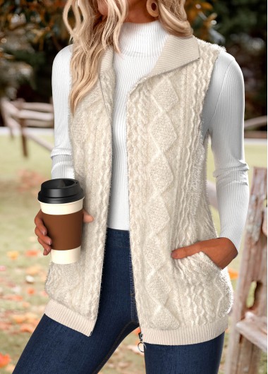 Modlily Beige Double Side Pockets Sleeveless Stand Collar Waistcoat - XXL