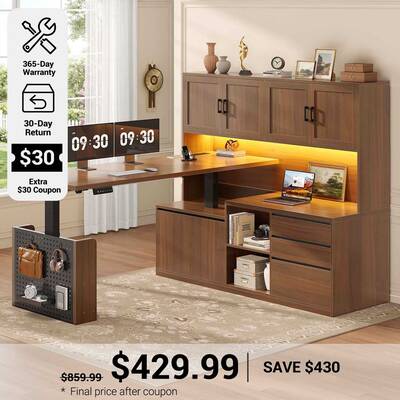 SEDETA 55.1 Inch L Shaped Electric Standing Desk with Hutch Adjustable Height Desk with Drawers Storage Shelves Home Office C...