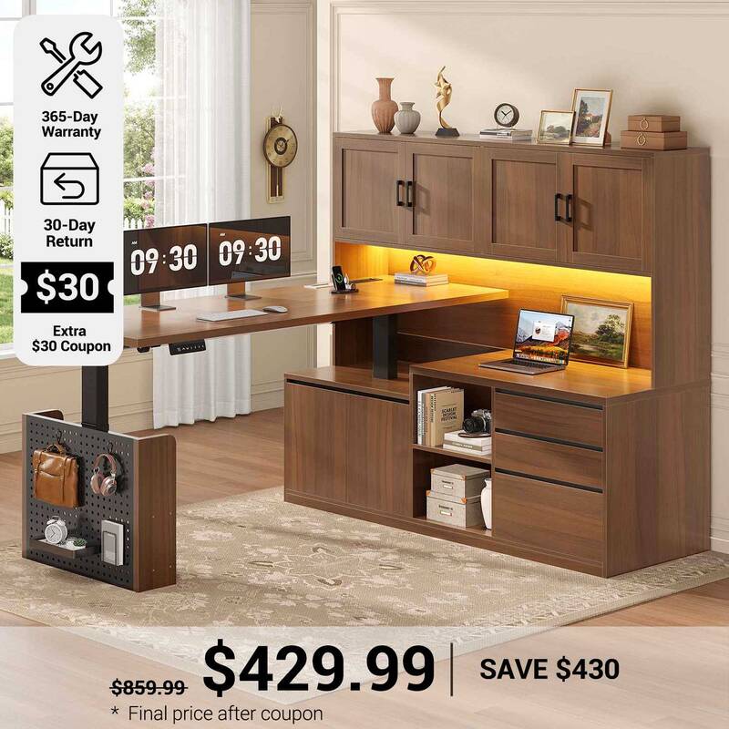 SEDETA 55.1 Inch L Shaped Electric Standing Desk with Hutch Adjustable Height Desk with Drawers Storage Shelves Home Office C...