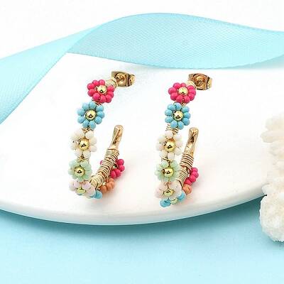 304 Stainless Steel & Bohemian Beaded C-Shaped with Flower Stud Earrings for Women