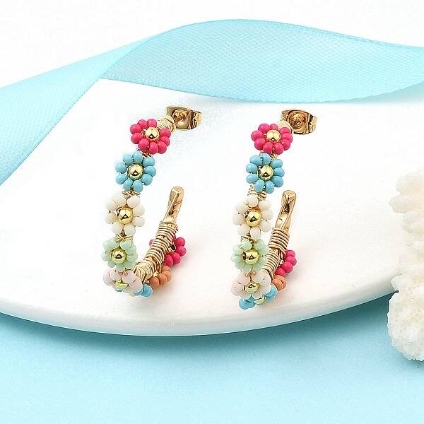 304 Stainless Steel & Bohemian Beaded C-Shaped with Flower Stud Earrings for Women