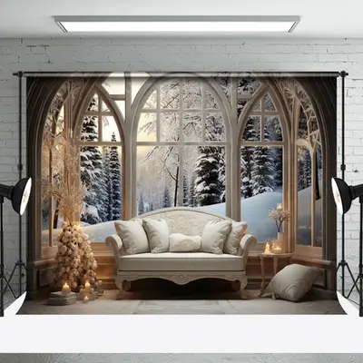 Aperturee Wood Arch Window Winter World Cozy Sofa Backdrop - Aperturee