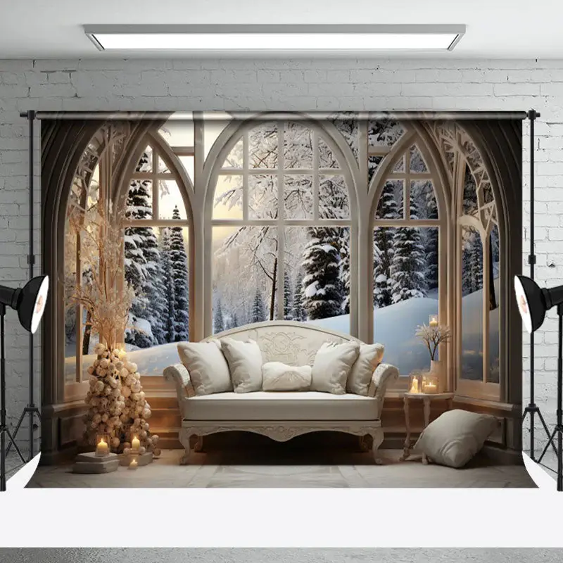 Aperturee Wood Arch Window Winter World Cozy Sofa Backdrop - Aperturee