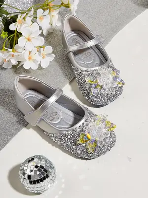 Girl's Rhinestone Glitter Decorated Flat Shoes, 2024 New Style Elegant Comfortable Princess Shoes for Party, Daily Clothing D...