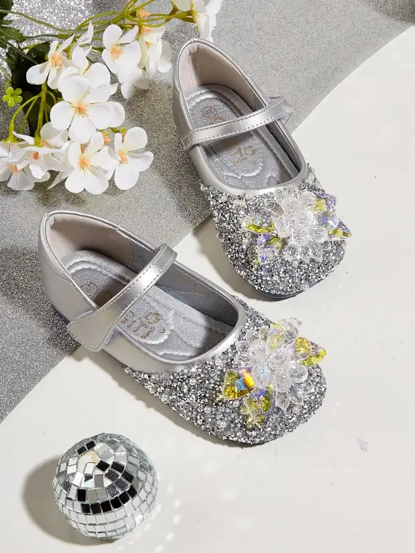 Girl's Rhinestone Glitter Decorated Flat Shoes, 2024 New Style Elegant Comfortable Princess Shoes for Party, Daily Clothing D...