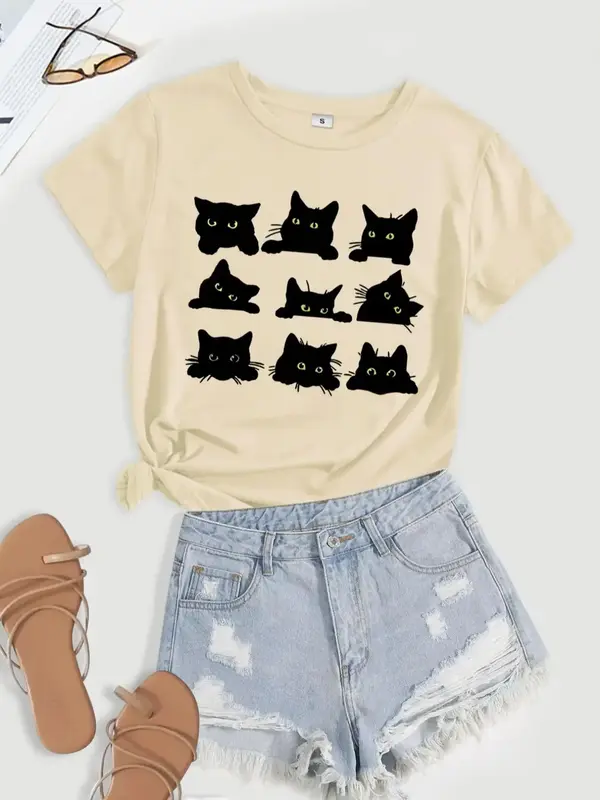 Women's Cartoon Cat Print Short Sleeve Tee, Casual Fashion Round Neck T-shirt, Summer Clothes Women, Women's Top for Daily We...