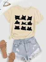 Women's Cartoon Cat Print Short Sleeve Tee, Casual Fashion Round Neck T-shirt, Summer Clothes Women, Women's Top for Daily We...
