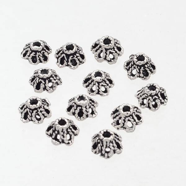 6-Petal Filigree Flower Tibetan Silver Bead Caps