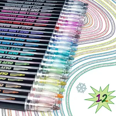 12 Colors Outline Marker Pen Set, 12pcs Glitter Outline Markers, DIY Drawing Pen, Art Supplies for School Students Office