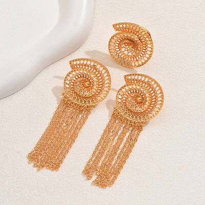 Vintage Alloy Hollowed Sea Shell Shaped Rings & Tassel Earrings Set for Women