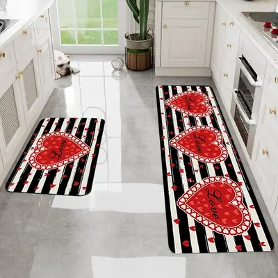 Heart & Letter & Striped Print Kitchen Mat, 1 Count Home Decor Non Slip Floor Mat, Decorative Area Rug for Home Kitchen Livin...