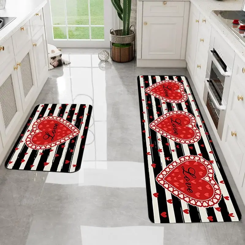 Heart & Letter & Striped Print Kitchen Mat, 1 Count Home Decor Non Slip Floor Mat, Decorative Area Rug for Home Kitchen Livin...