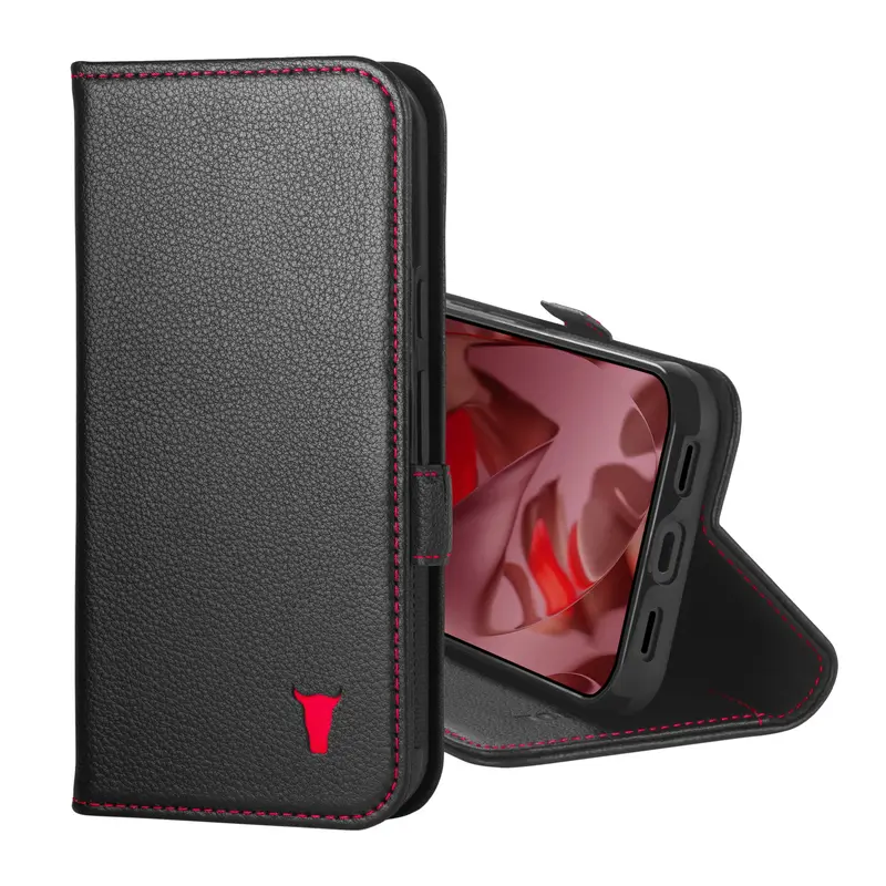 Google Pixel 10a Leather Case (with Stand Function) - Black with Red Detail