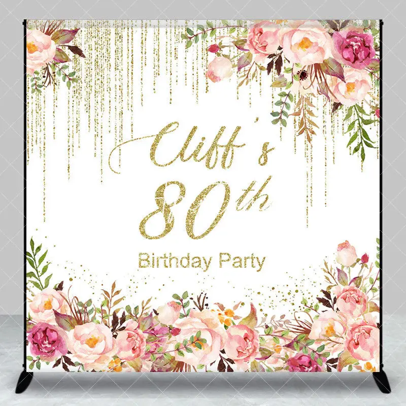Aperturee Gold Glitter Floral Custom Name 80th Brithday Backdrop, 3X3FT(1X1M), 15 USD, custom birthday backdrops, DZLH0F309-O