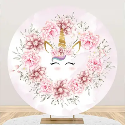 White Pink Floral Unicorn Round Birthday Backdrop - Aperturee