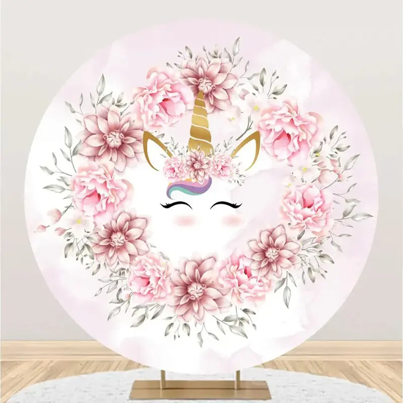 White Pink Floral Unicorn Round Birthday Backdrop - Aperturee