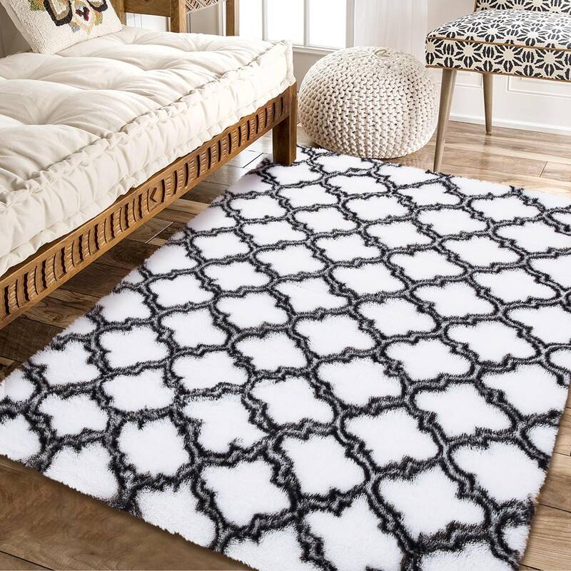 Garvee Black & White 6x9 Area Rugs for Living Room Shag Rugs Moroccan Shaggy Rug Kids Rug Plush Rug Geometic Bedroom Rug Fluf...