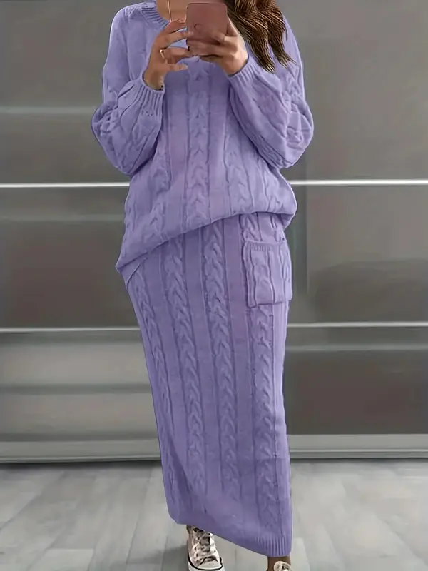 Women's Solid Cable Knit Sweater & Pocket Skirt Set, Long Sleeve Round Neck Jumper & Long Skirt, Two-piece Outfits for Daily ...