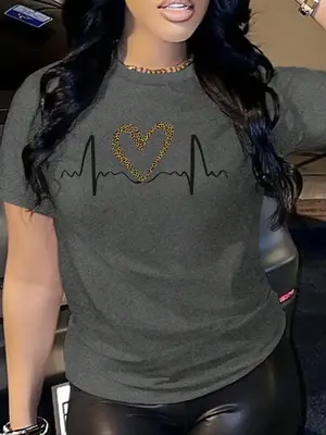 Women's Heart & Heartbeat Print Round Neck Tee, Casual Short Sleeve T-Shirt for Summer, Ladies Clothes for Daily Wear, Summe...