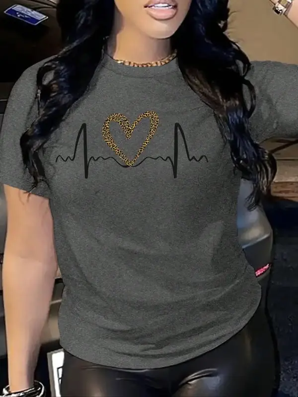 Women's Heart & Heartbeat Print Round Neck Tee, Casual Short Sleeve T-Shirt for Summer, Ladies Clothes for Daily Wear, Summe...