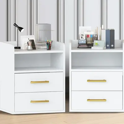 Hooseng 2 Drawer Vertical Filing Cabinet(2 Pieces), Office Storage Cabinet with Open Shelf, Rolling Wood Mobile File Cabinets...