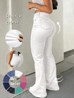 Women's Plain Flare Leg Jeans, Casual Slim Button Fly Pocket Design Bell Bottom Denim Trouser for Daily Wear, Ladies Bottoms ...