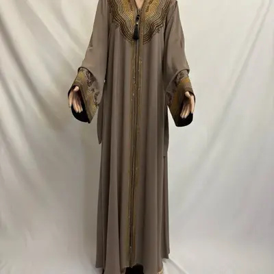 Pistachio Green Abaya with Embroidery Design Rhinestones and Belt Women's Fashionable Long Dress