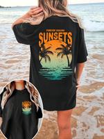Women's Coconut Tree Graphic Print Round Neck Tee, Vintage Drop Shoulder Half Sleeve T-shirt for Daily Wear, Ladies Summer Ou...