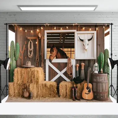 Aperturee Wooden Stable Hay Horse Cowboy Cake Smash Backdrop, 3X2FT(1MX0.6M), 14 USD, birthday cake smash backdrops, NYHD2I04...