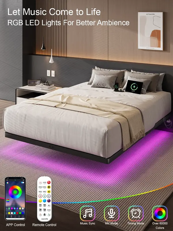 【FallDealsForYou】ONBRILL Floating Bed Frame with LED Lights Metal Slats Underbed Storage Space No Box Spring, Bedroom Fur...