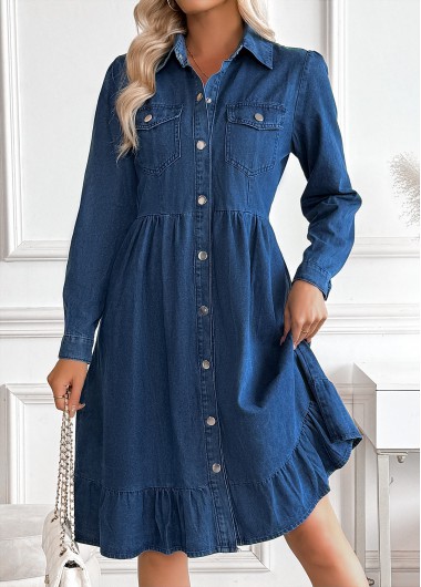 Modlily Denim Blue Tummy Coverage Long Sleeve Shirt Collar Dress - XL