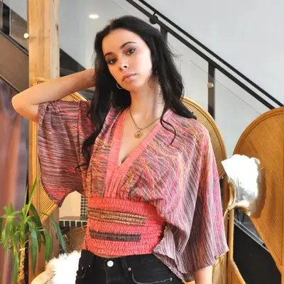 Rhythms Smocked Top - Upcycled - Wholesale | Size: S/M L/XL (4 2) | Color: Neutrals/Earthy Colours