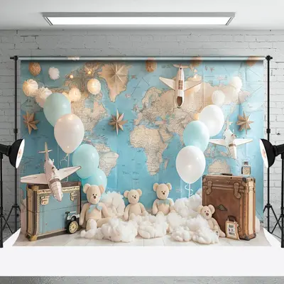 Aperturee Globe Map Luggage Bear Balloon Cake Smash Backdrop, 3X2FT(1MX0.6M), 14 USD, birthday cake smash backdrops, NYHD2I07...