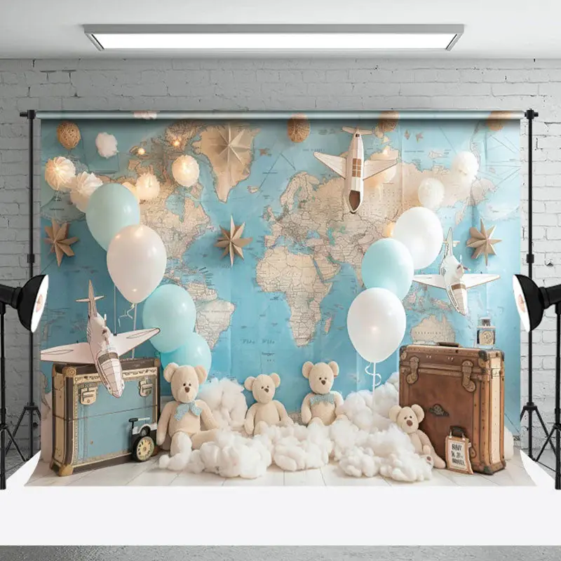 Aperturee Globe Map Luggage Bear Balloon Cake Smash Backdrop, 3X2FT(1MX0.6M), 14 USD, birthday cake smash backdrops, NYHD2I07...