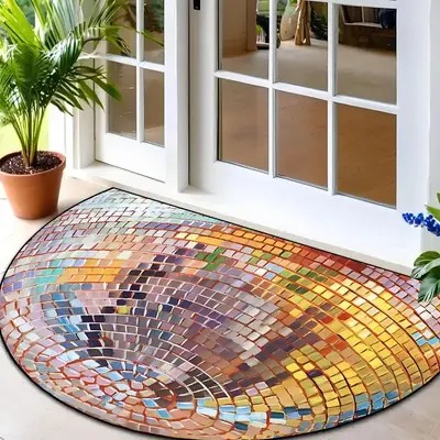 Colorful Disco Ball Pattern Semi-circular Welcome Mat, Washable Door Modern Area Rug, Decorative Carpet for Home Living Room ...