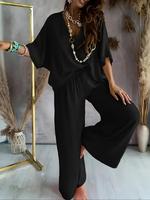 Women's Solid V Neck Tee & Wide Leg Pants Loungewear Two-piece Set, Casual Comfy Short Sleeve T-shirt & Trousers Pj Set, Ladi...