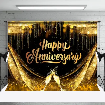 Shiny Grand Black And Gold Happy Anniversary Backdrop - Aperturee