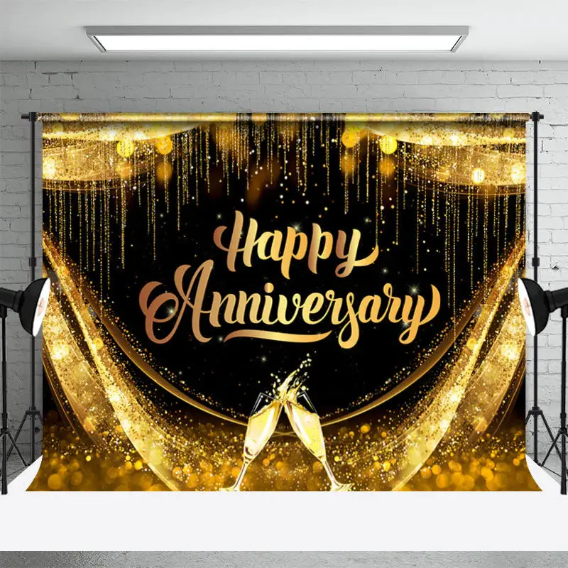 Shiny Grand Black And Gold Happy Anniversary Backdrop - Aperturee