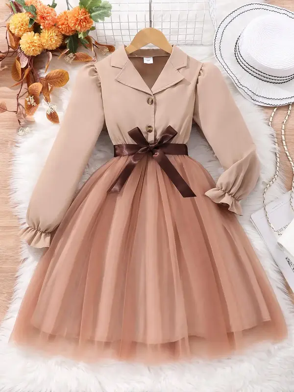 Girl's Contrast Mesh Belted Button Front Flounce Sleeve Dress, Elegant Long Sleeve Lapel Neck A Line Dress for Party Holiday ...