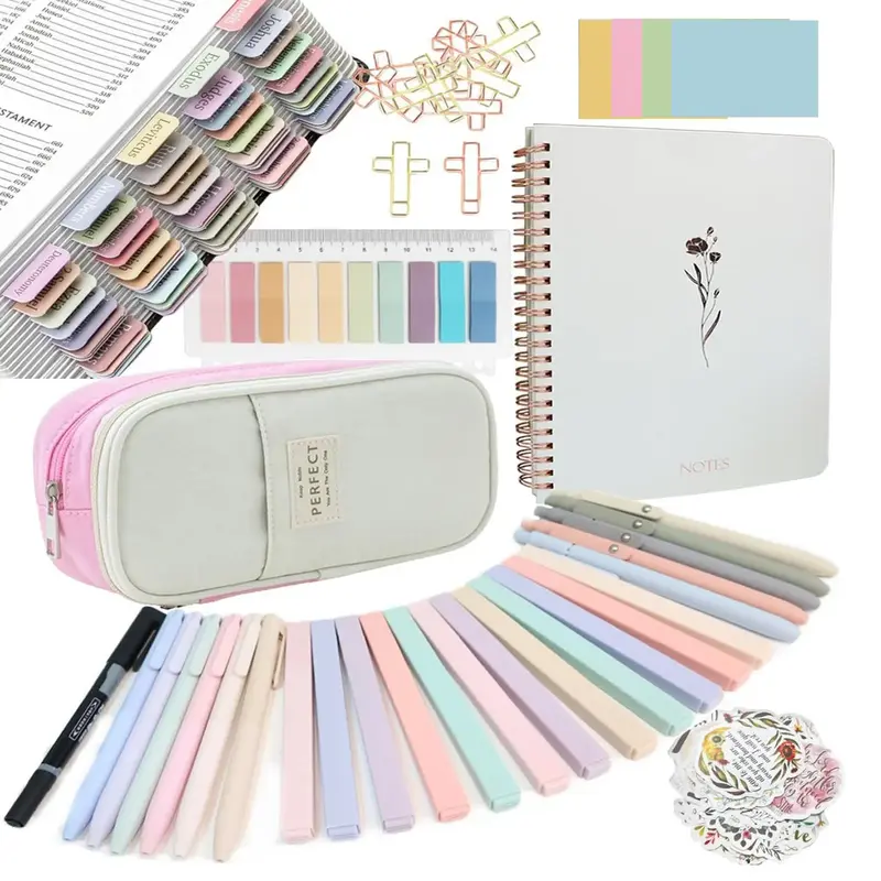 Bible Study Supplies Journaling Kit with Tabs and Highlighter, 1 Set Including Notebook & Pen Case & Stationery, Bible Annota...