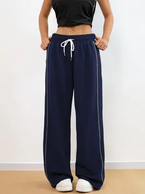 Women's Drawstring Waist Sports Joggers, Sporty Contrast Binding Wide Leg Trousers for Daily Outdoor Wear, Ladies Sportswear ...